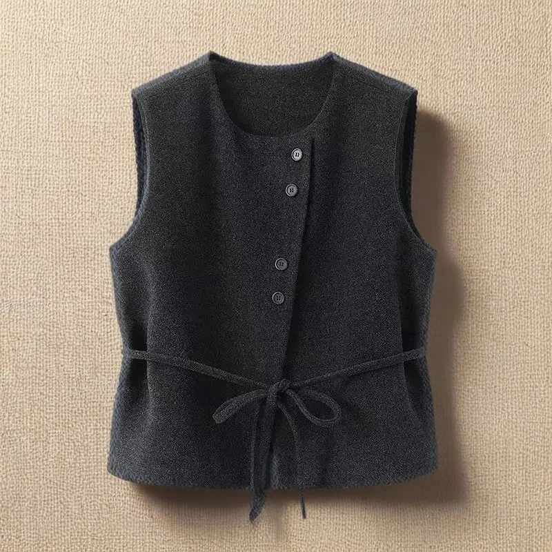 

Корейский серый шерстяной жилет, женское элегантное пальто без рукавов на шнуровке, винтажное классическое простое повседневное офисное женское пальто на бретелях