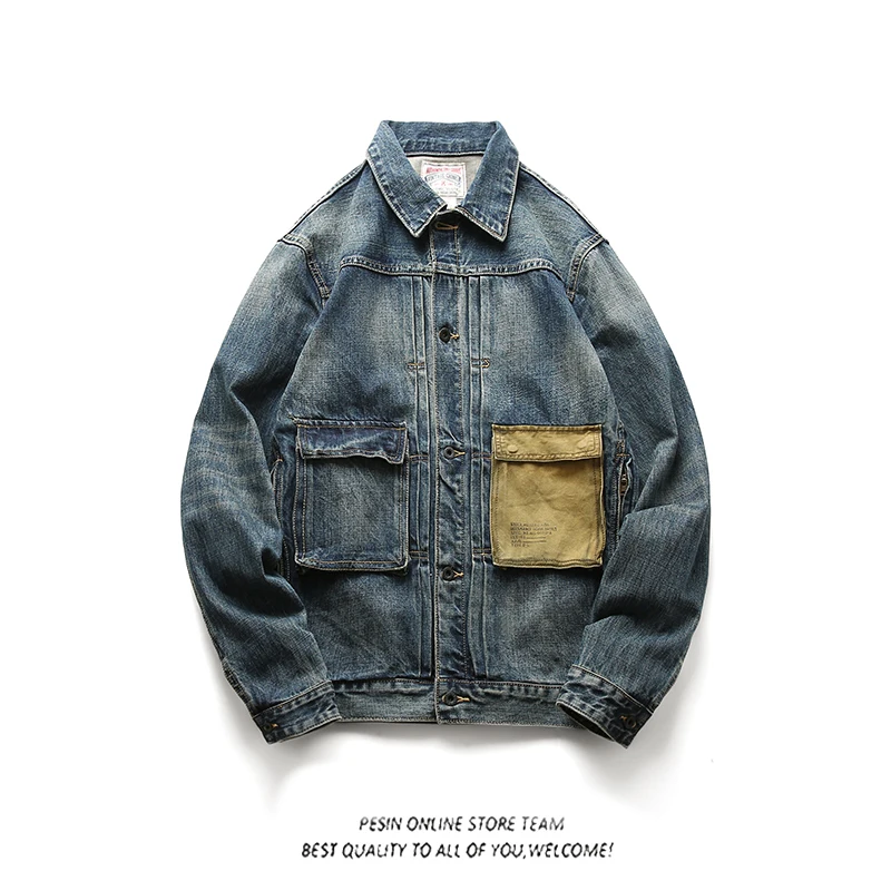 

Мужская джинсовая куртка свободного кроя в стиле ретро, японский бейсбольный стиль, с эффектом поношенности, хлопковая, длинная, с деталями в стиле кэжуал.