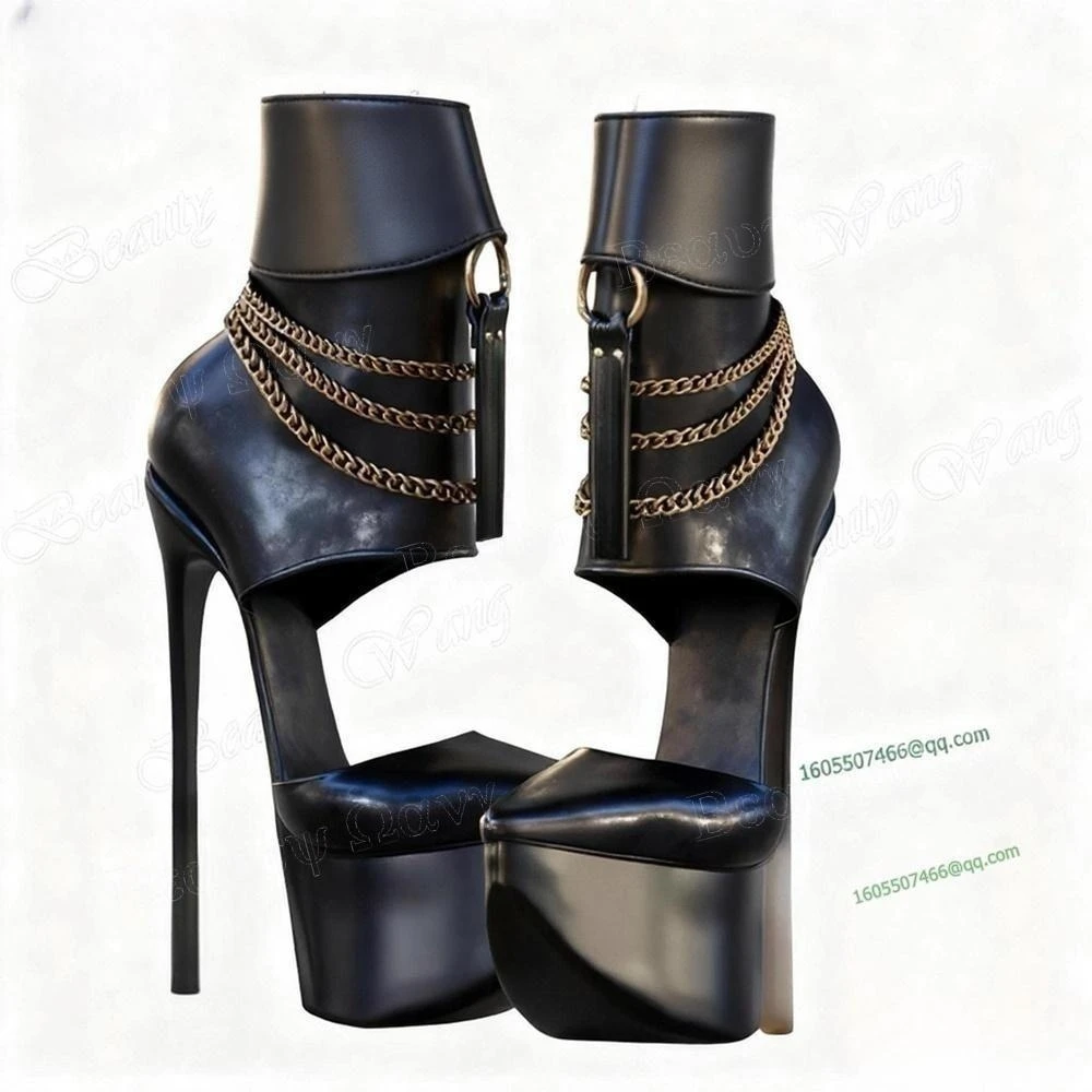 

Black Metal Leather Platform Pumps Chain Decor Spike Heel Pointed Toe High Shoes for Women High Heels Shoes Zapatos Para Mujere