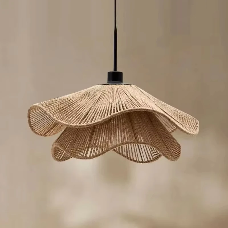 Wabi Sabi Cotton Rope Straw Hat Led Pendant Lights Restaurant Bar Chandelier B&B Cafe Bedroom Hanging Lamp Fixture