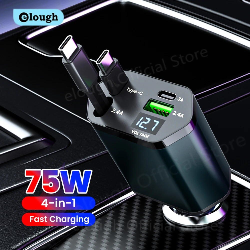 Elough 4 IN 1 Retractable Car Charger Fast Charging USB C To USB C ios Cable Charger USB Type C Car 