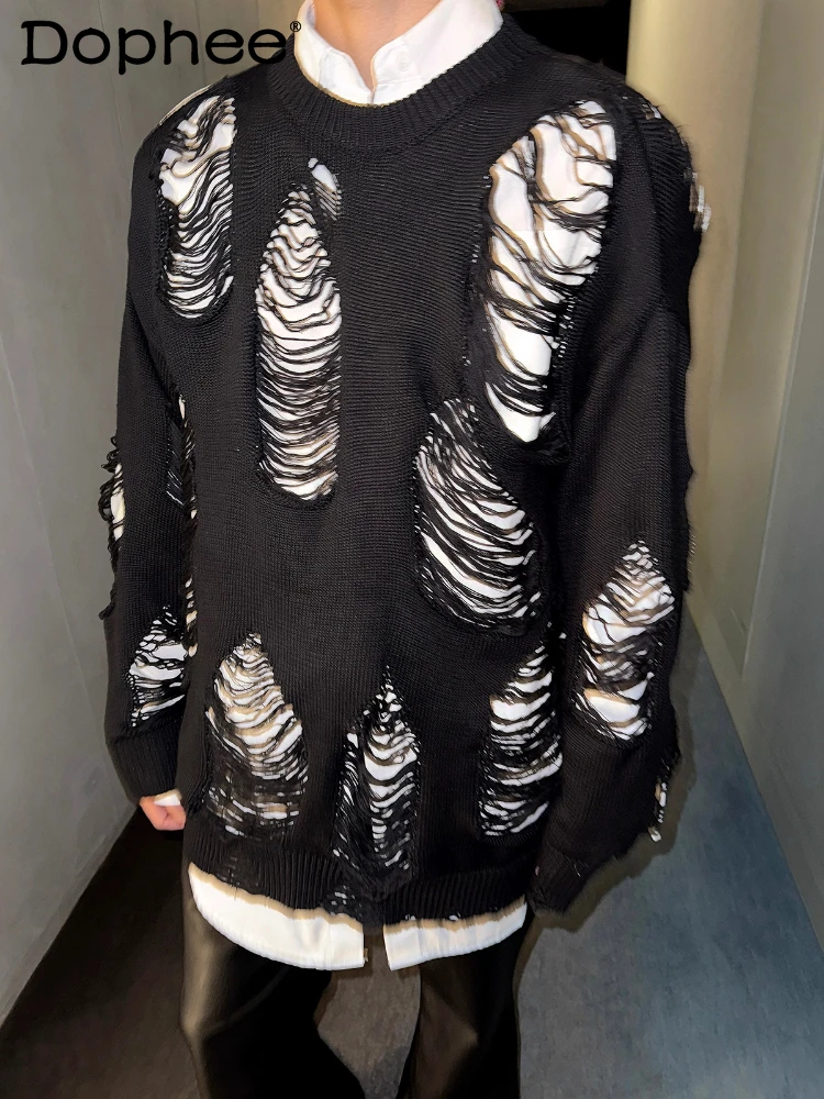 

Мужские осенне-зимние новые вязаные свитера 2024, свободные трикотажные изделия большого размера, мужские модные однотонные вязаные топы с круглым вырезом