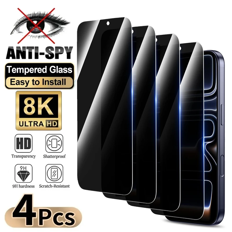 

4PCS 8K Privacy Tempered Glass For iPhone 17 16 15 14 13 12 11 Pro Max Plus Anti-Spy Screen Protectors for iPhone XS Pro Max XR