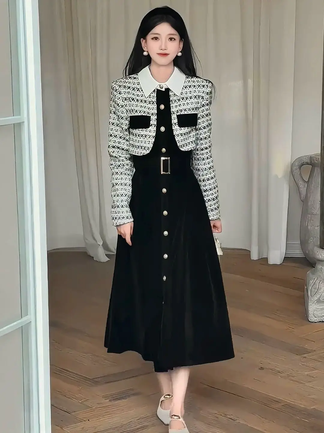 Plaid Miniature Fragrance Style Dress Women's Autumn Winter High Intelligence Sensation Matching Beautiful Atmosphere Fake Tw...