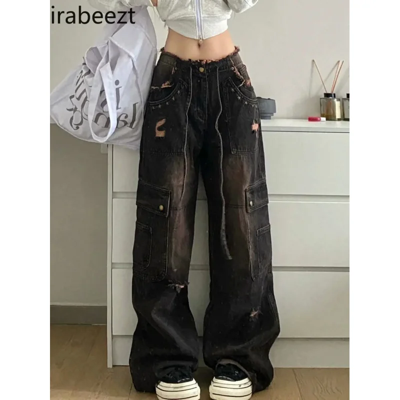 

American Plus Size Vintage Washed Raw Edge Cargo Jeans Pocket Fashion High Street Straight Loose Fit Wide Leg Mop Long Pants