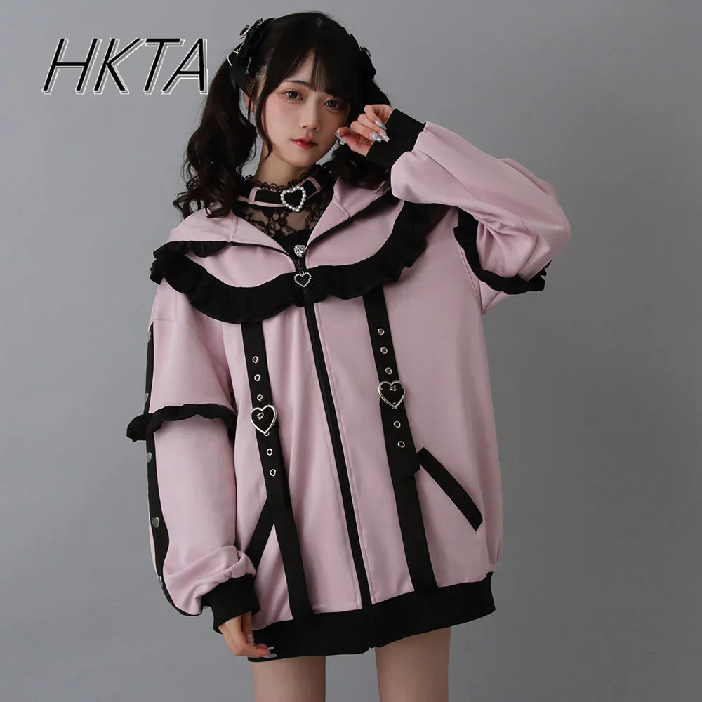 

Japanese Mine Heavy Fungus Edge Hooded Coat Zipper Sweatshirt Jacket Cute Sweet Color Matching Loose Casual Lolita Girl Coat Y2k