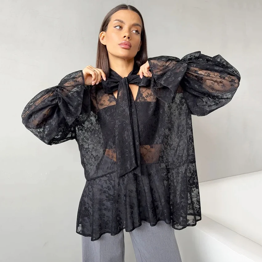

Linad Elegant Black Sheer Embroidery Shirts Sexy V Neck Flare Sleeve Blouse Woman Autumn Street Chic Thin Long Sleeve Tops 2025