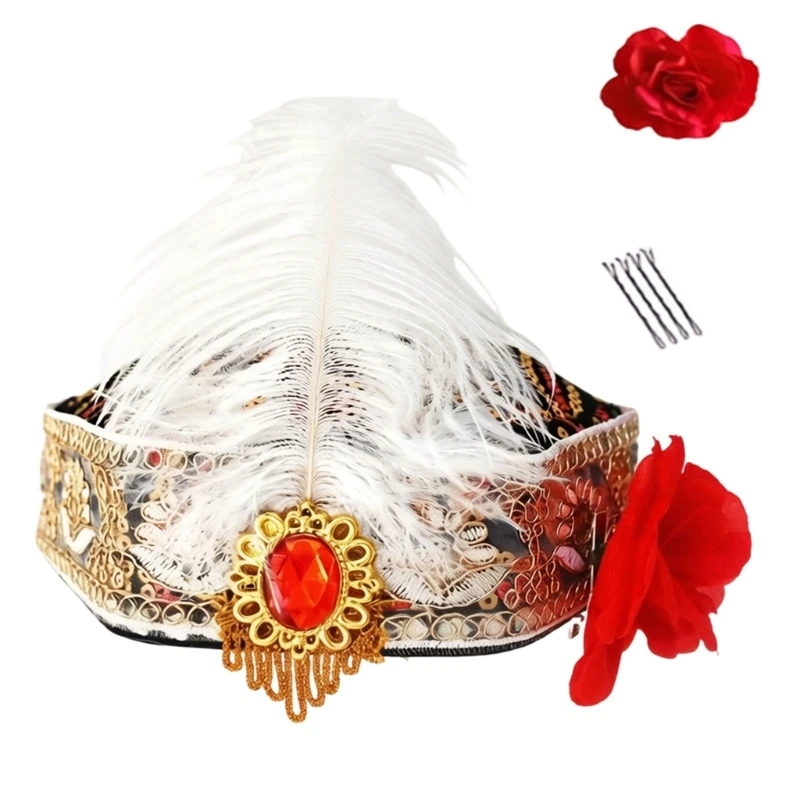 Ethnic Stage Performances Hexagonal Hat Stage Headpiece With Shimmering Sequined and Feathered For Dancers Costume Props