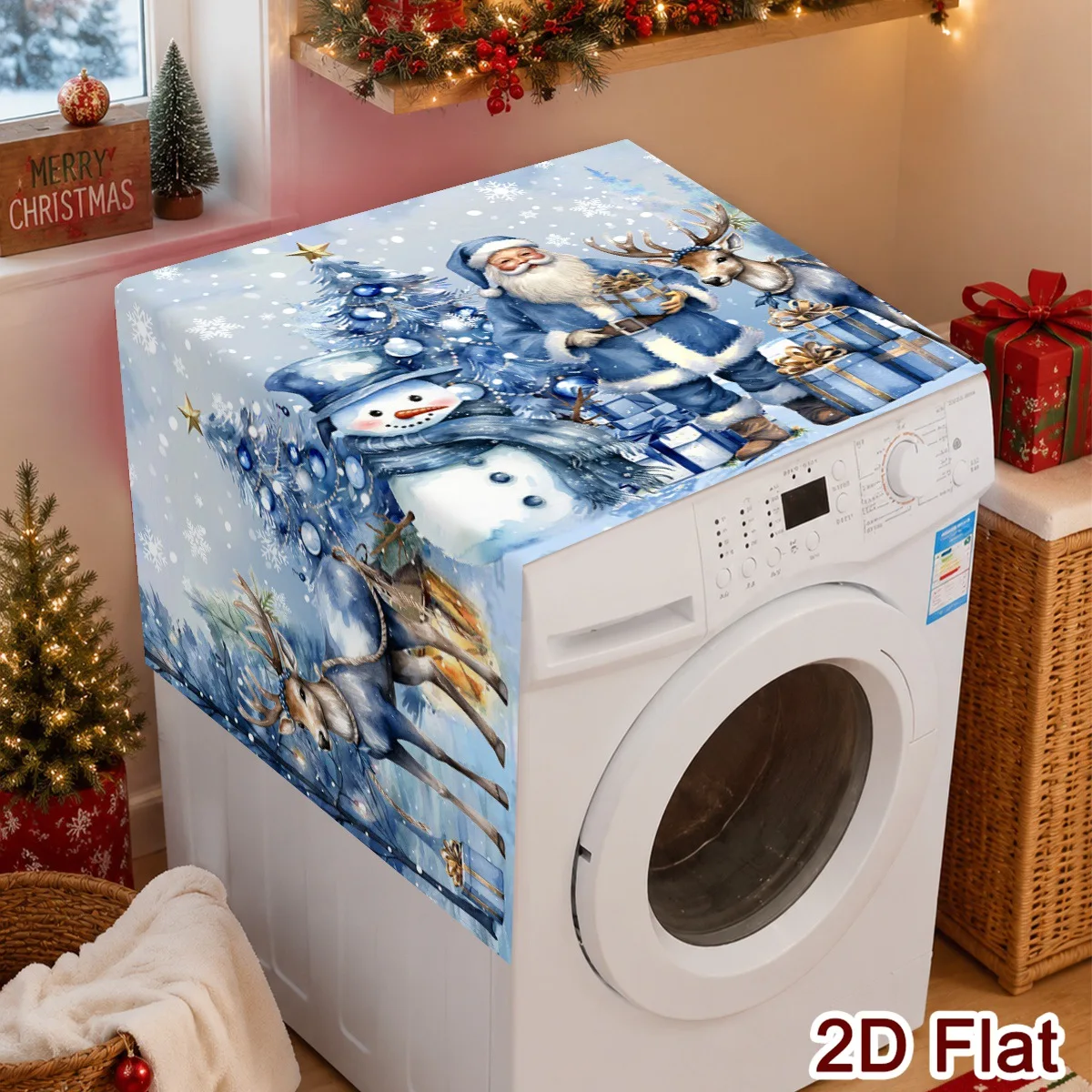 1pc Blue Christmas Dust-proof Washing Machine Cover Santa Claus Snowman Washer Dryer Top Cover Christmas Decor for Home 2026