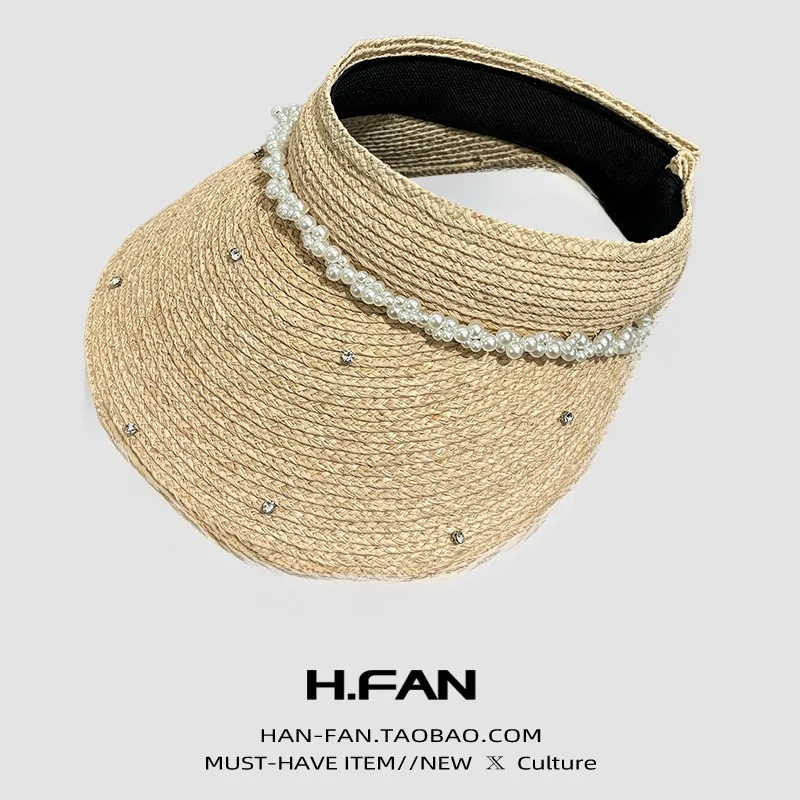 

Natural Laffey Grass Pearl Elegant Summer Beach Vacation Sunshade Hat Empty Top Straw Hat for Women Casual Style Summer Hat