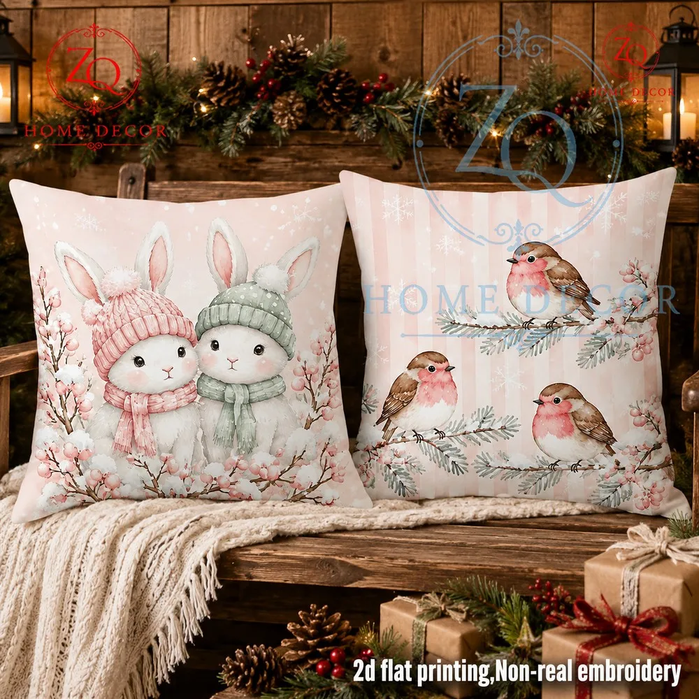 Robin Snow Scene Printed Pillowcase St Pink Tones Christmas Home Decor Bedside Sa Back Pillowcase