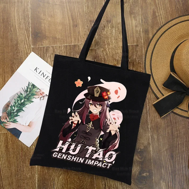 Hu Tao And Ghost Print Canvas Tote Black Bags Harajuku Casual Genshin Impact Game Anime Female Tote Eco Shopper Shoulder Bags