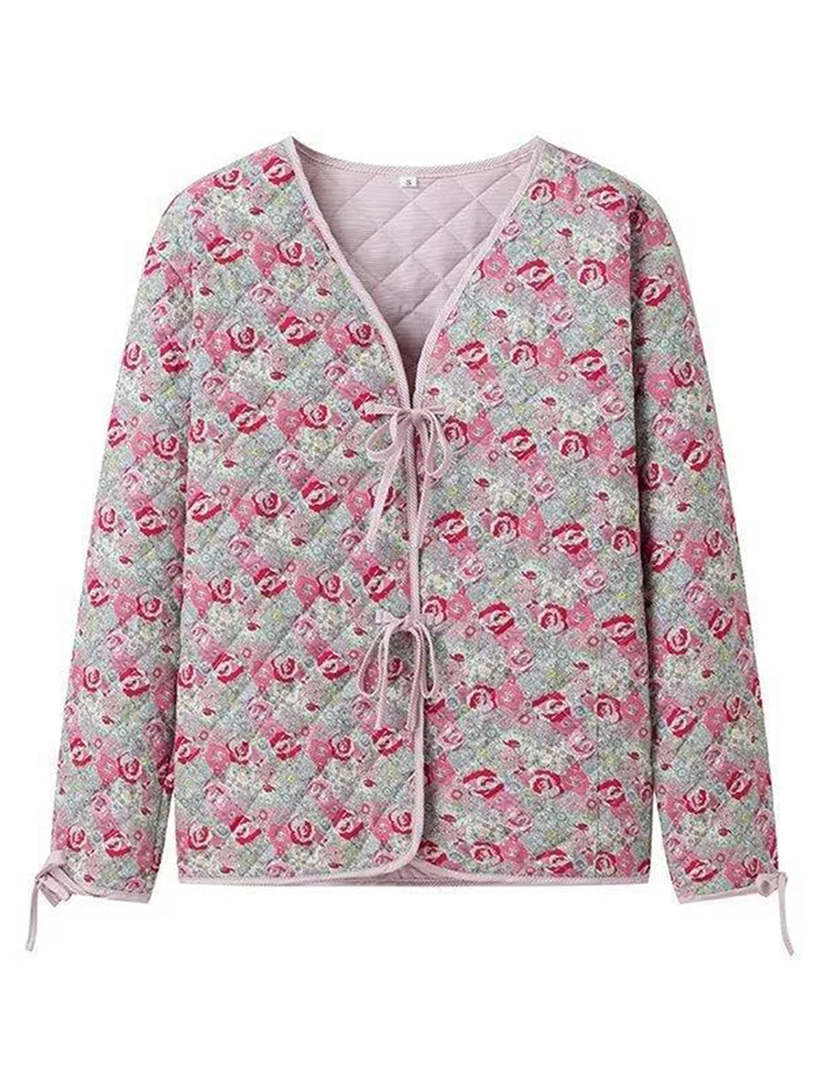 Women s Puffer Jacket Floral Print Tie-Up Front Quilted Coat Fall Winter Long Sleeve Padded Jacket Outerwear