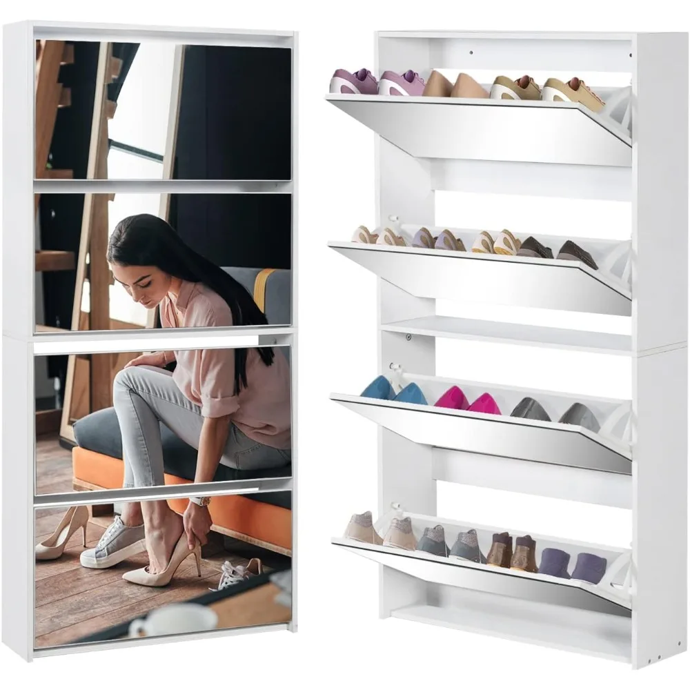 

Shoe Storage Cabinet for Entryway Slim, White Wood Shoe Rack Organizer W 4 Flip Mirror Drawers, Freestanding Modern Narrow Shoes