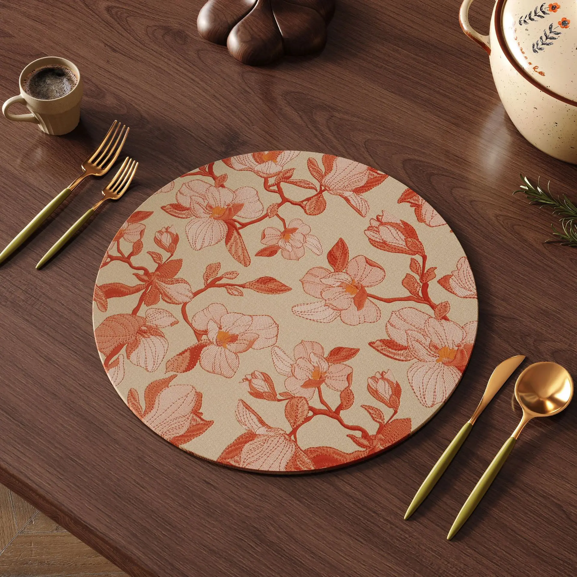 6/4pcs Chinese Style Flower Patterned Circular Placemat Coffee Dining Table Decor Mat Hotel Tableware Insulation Waterproof Pad