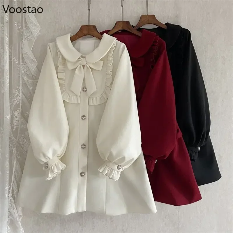 Autumn Japanese Sweet Lolita Style Woolen Coats Women Kawaii Bow Ruffles A-Line Loose Jackets Girly Harajuku Trend Outerwear