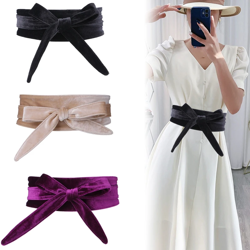 Moda damska aksamitna sukienka paski szeroki gorset pasy Cinch panie Bowknot własna opaska zaciskowa wokół Obi talia Band Cummerbunds