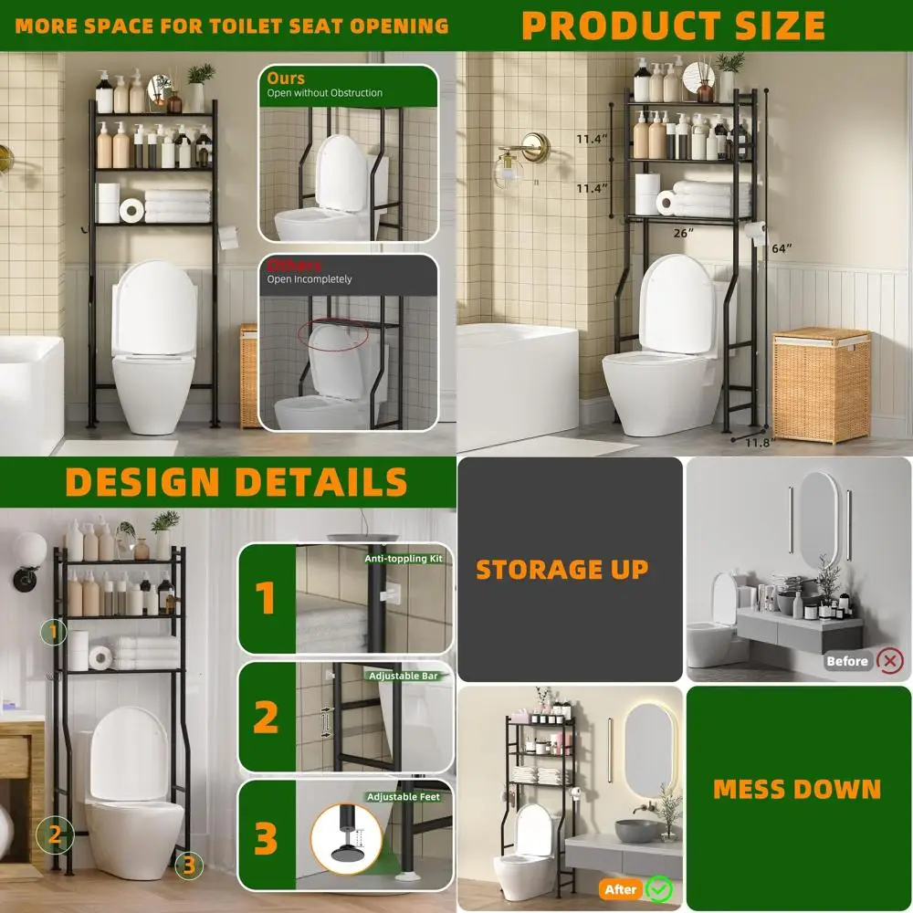 

Black Metal 3-Tier Freestanding Over-the-Toilet Storage Shelf with 4 Hooks for Space-Saving Bathroom