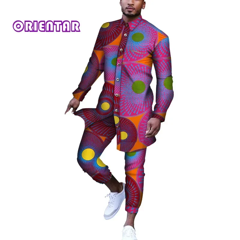 

2 Pcs Set African Outfit for Men African Print Long Sleeve Shirt and Pants Bazin Riche Men Suits African Clothing WYN612