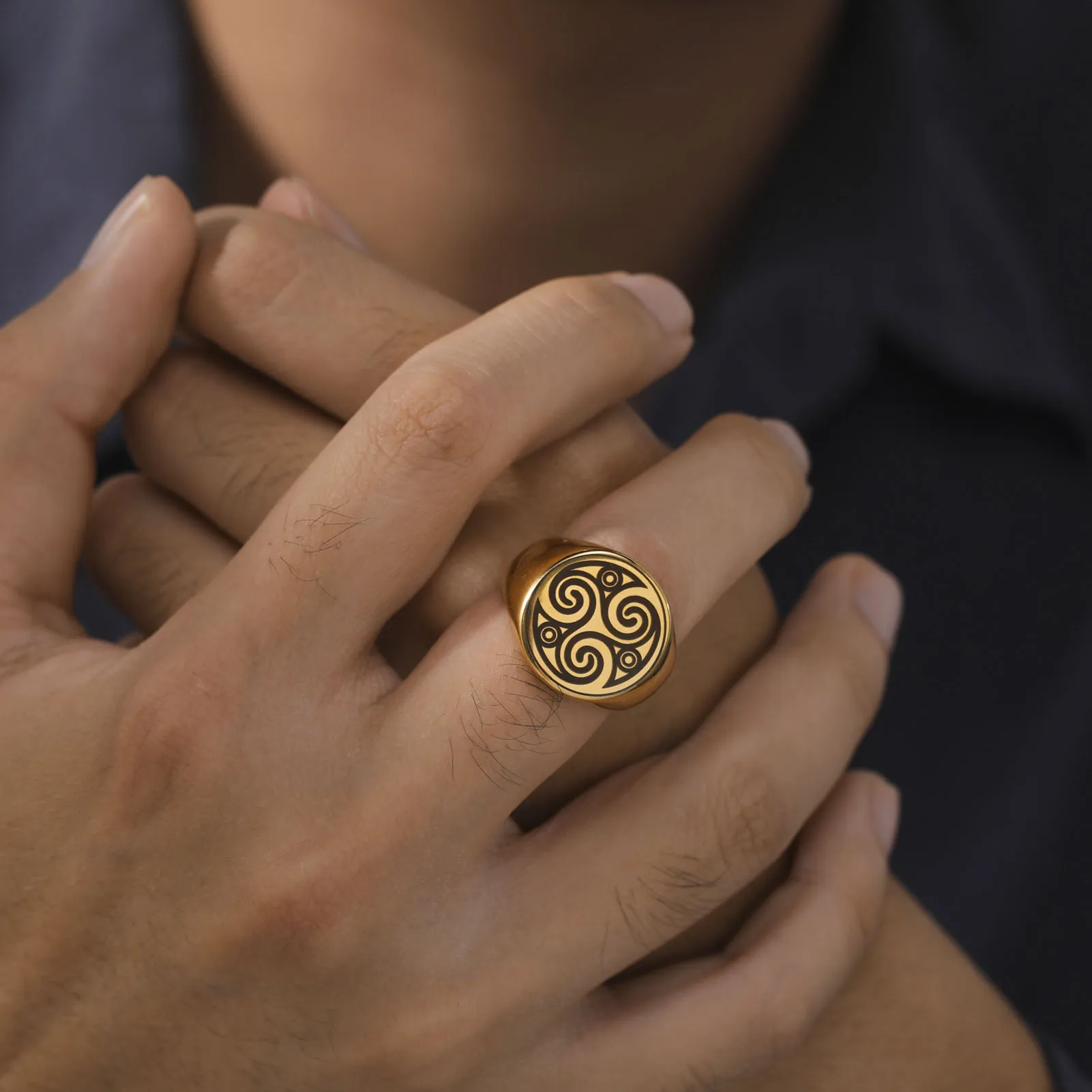 LIKGREAT Stainless Steel Rings for Men Triskele Triple Spiral Symbol Amulet Solomon Signet Ring Punk Occult Magic Pagan Talisman