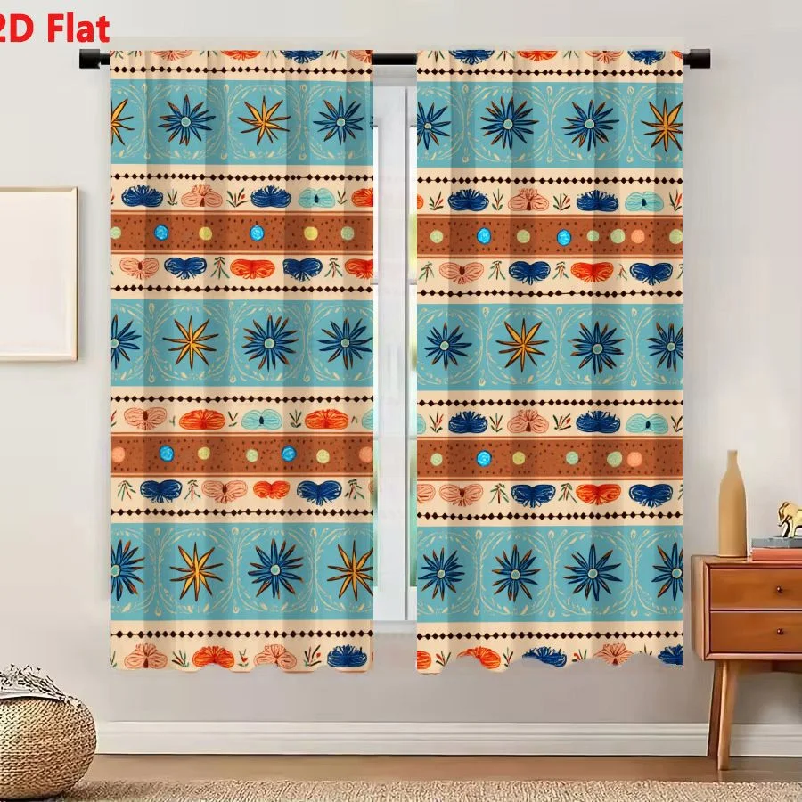 2Pcs Curtains 2D Flat Vibrant Teal Terracotta Folk Art Pattern With Star Motifs And Butterflies For Wallpaper Or Fabric Window D