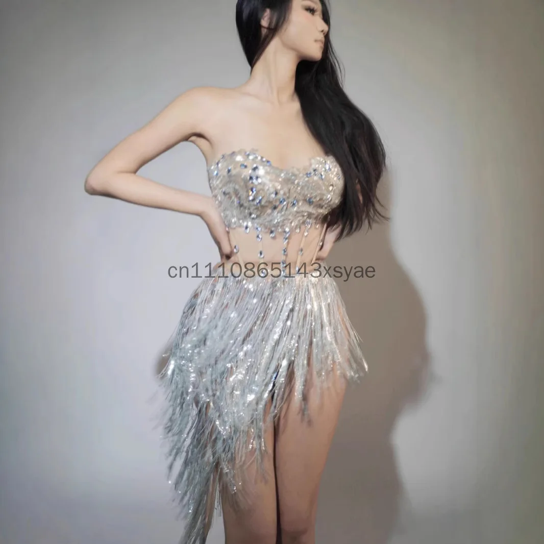 Rhinestone Sequins Tassel Strapless Crop Tops Mini Skirt 2Pieces Set Sexy Women Backless Outfit Party Photo Shoot Wear Wenrou