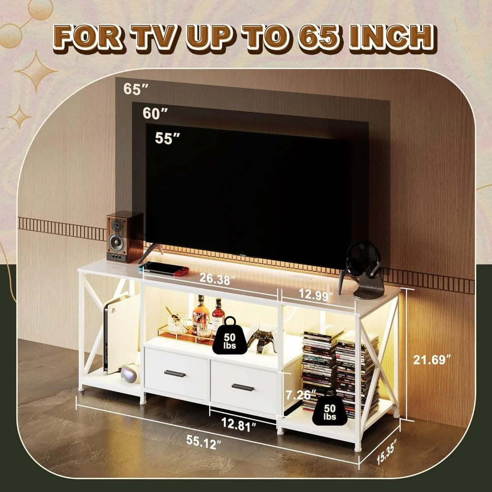 Dresser TV Stand with Power Outlets & LED Lights, Up to 65 Inches Dresser TV Stand with 2 Large Dresser Drawers