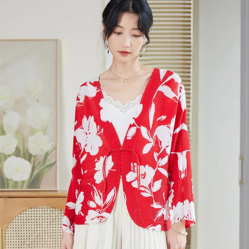 Top Red Women Spring And Autumn Long Sleeve Fashion Flower Printed Single Button Stretch Miyake Pleated Loose Chinese Style Coat