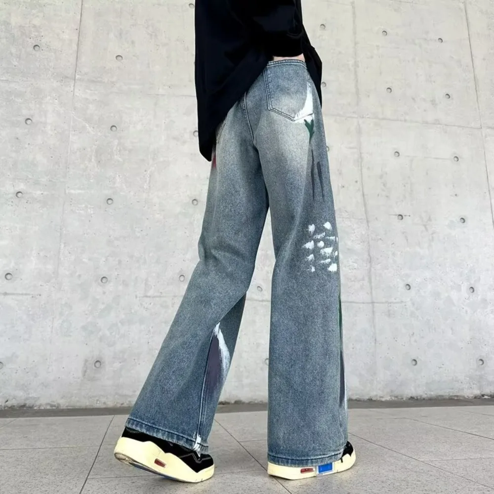 

Washable ripped jeans for men, suitable for spring and autumn, featuring a loose-fitting, wide-leg, straight-leg design