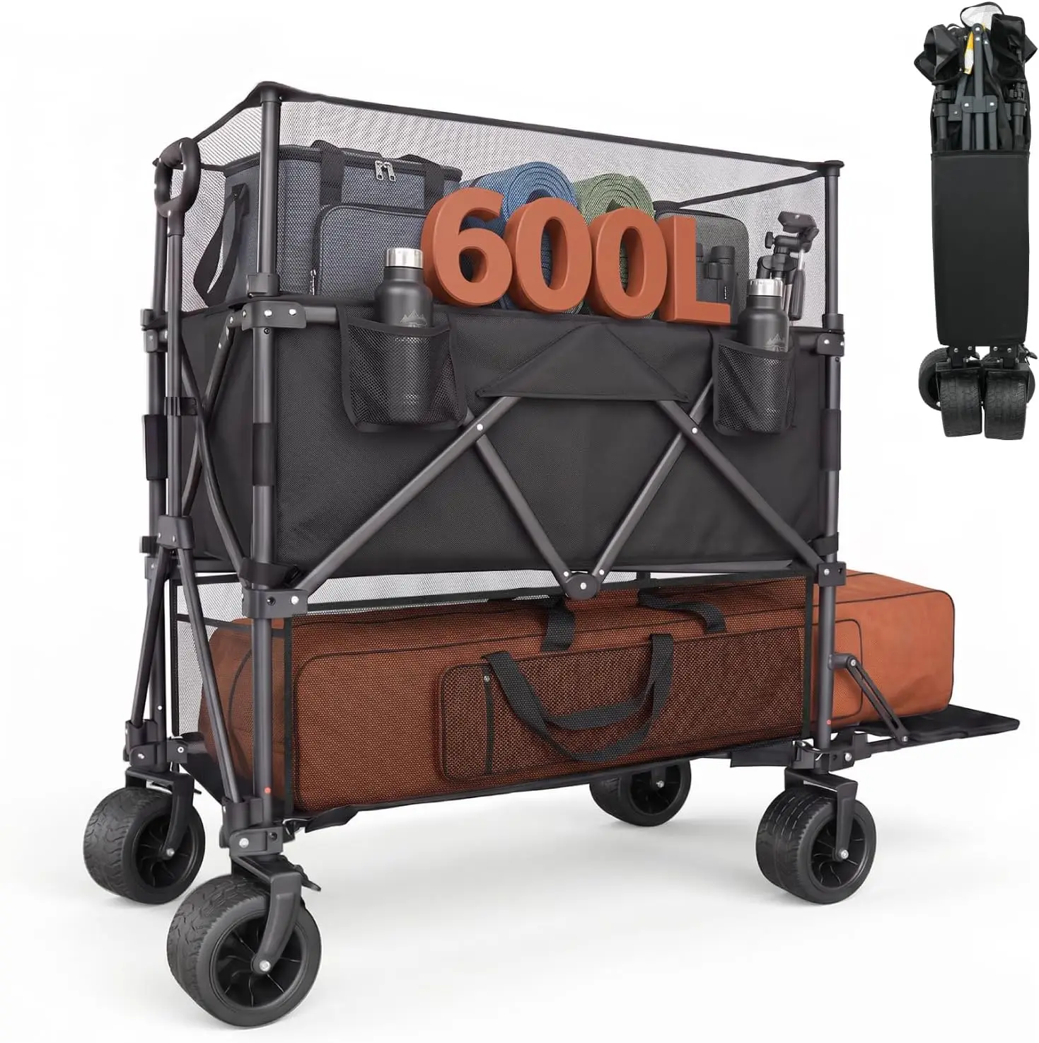 Double Decker Wagon with Retractable Mesh & Tailgate - 600L Foldable Collapsible Wagon Cart with Wheels for Camping, Groceries,