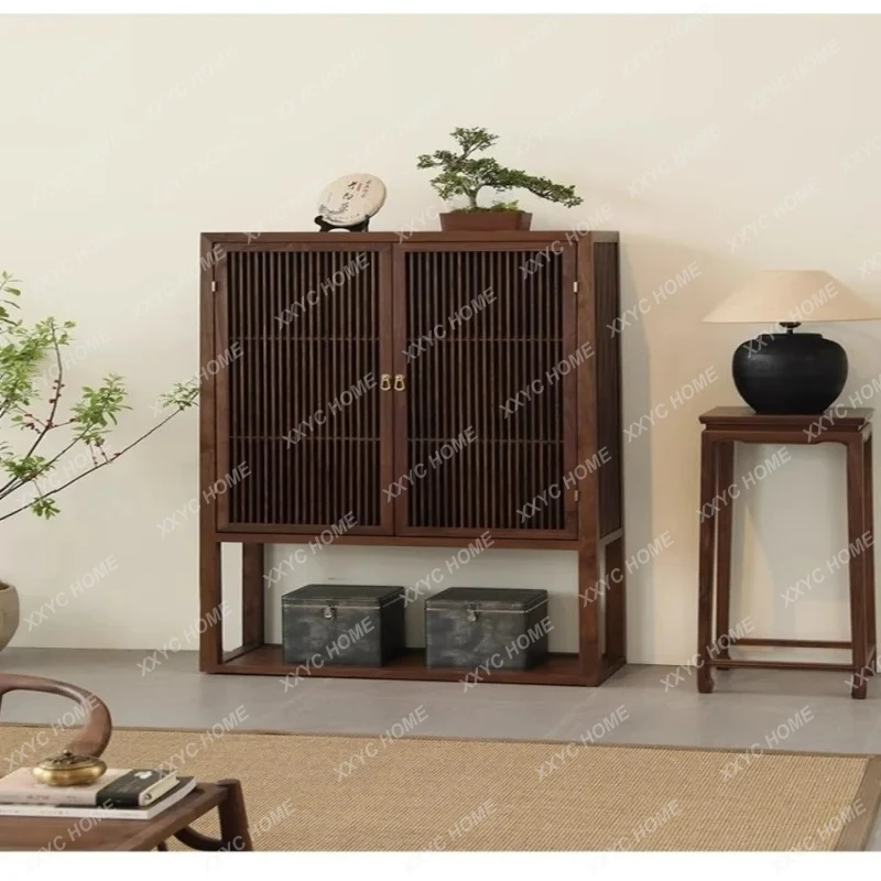 

Lblack walnut dining side cabinet New Chinese solid wood display Wall storage bookcase