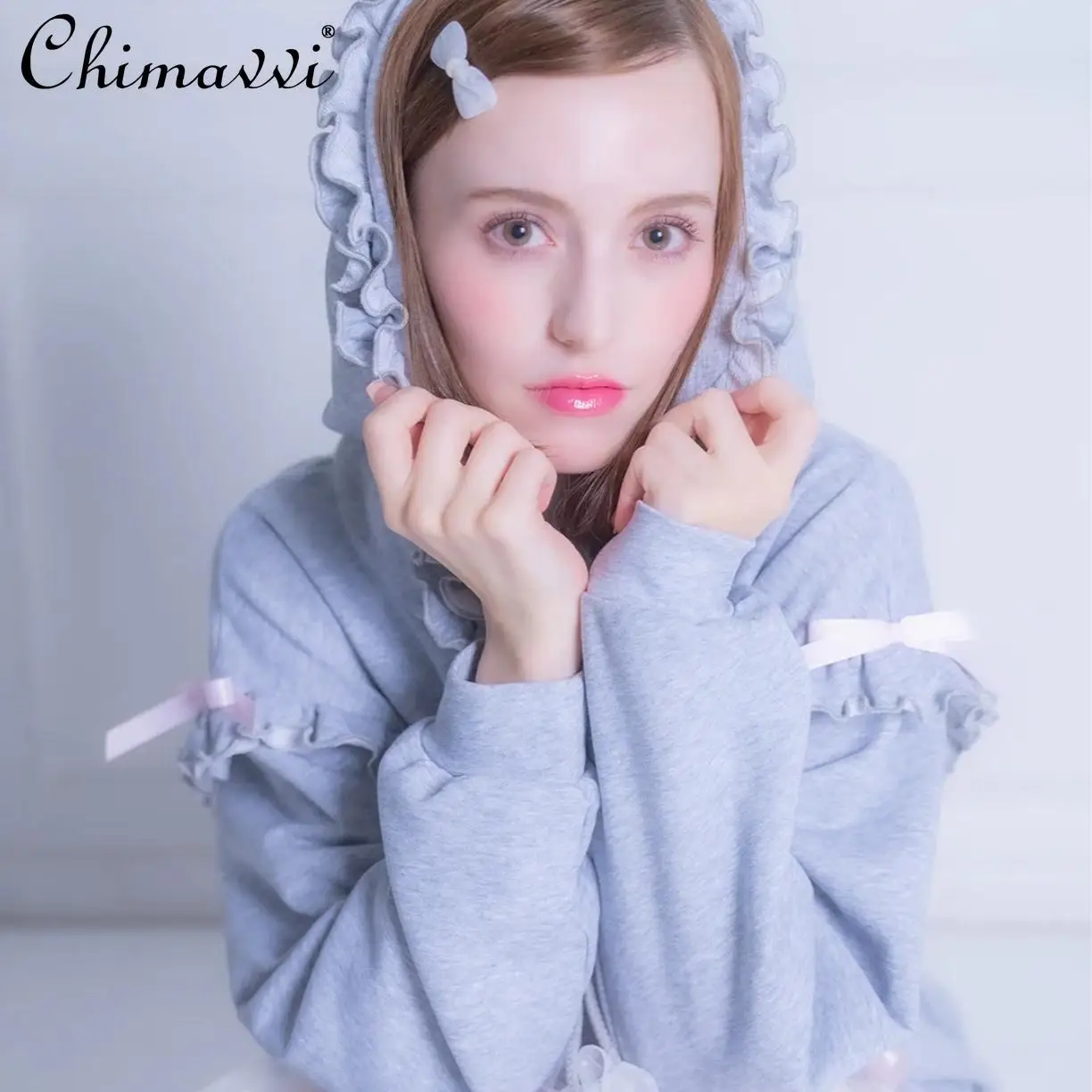 Japanese Sweet Cute Girl Hooded Sweatshirt Autumn and Winter New Fashion Long-sleeved Ruffle Edge Splicing Bow Loose Hoodies Top