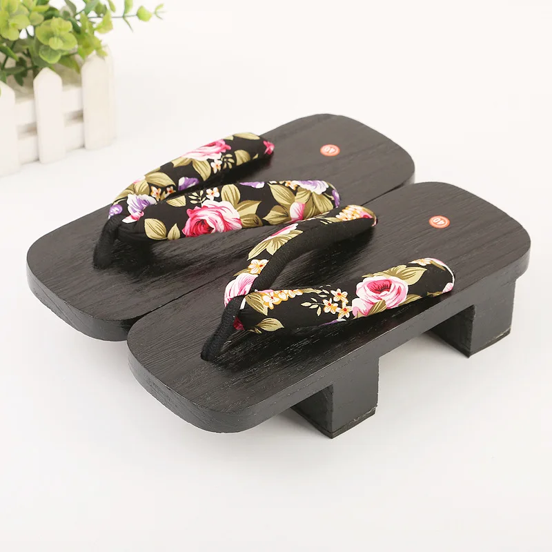 Two-toothed Wooden Clogs For Couple Black Slippers Square Toe Flip Flops Flower Print Japanese Cosplay Animation Casual Shoes