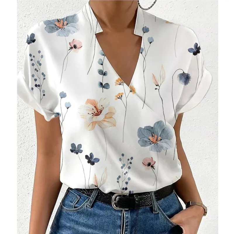 

Shirts For Women 2023 Summer Loose V-neck Stand Collar Print Tops And Blouses Blusas Elegantes Finas Para Mujer Casual T Shirt