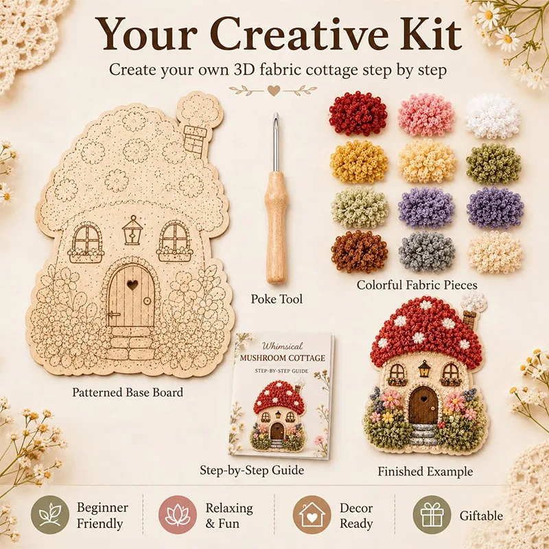 3D Mushroom House Poke Art DIY Kit Fabric Punch Needle Embroidery Set Hand‑Making Craft Kit with Tool & Colorful Yarn Home Decor view 2