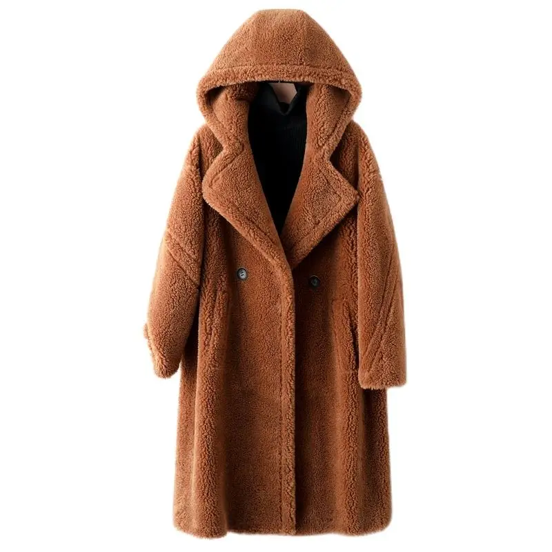 

2023 Winter New Fashion Women's Grain Sheep shearling Lamb Wool Jacket Thicken Parka Outwear Windproof Hooded Fur Coat Female