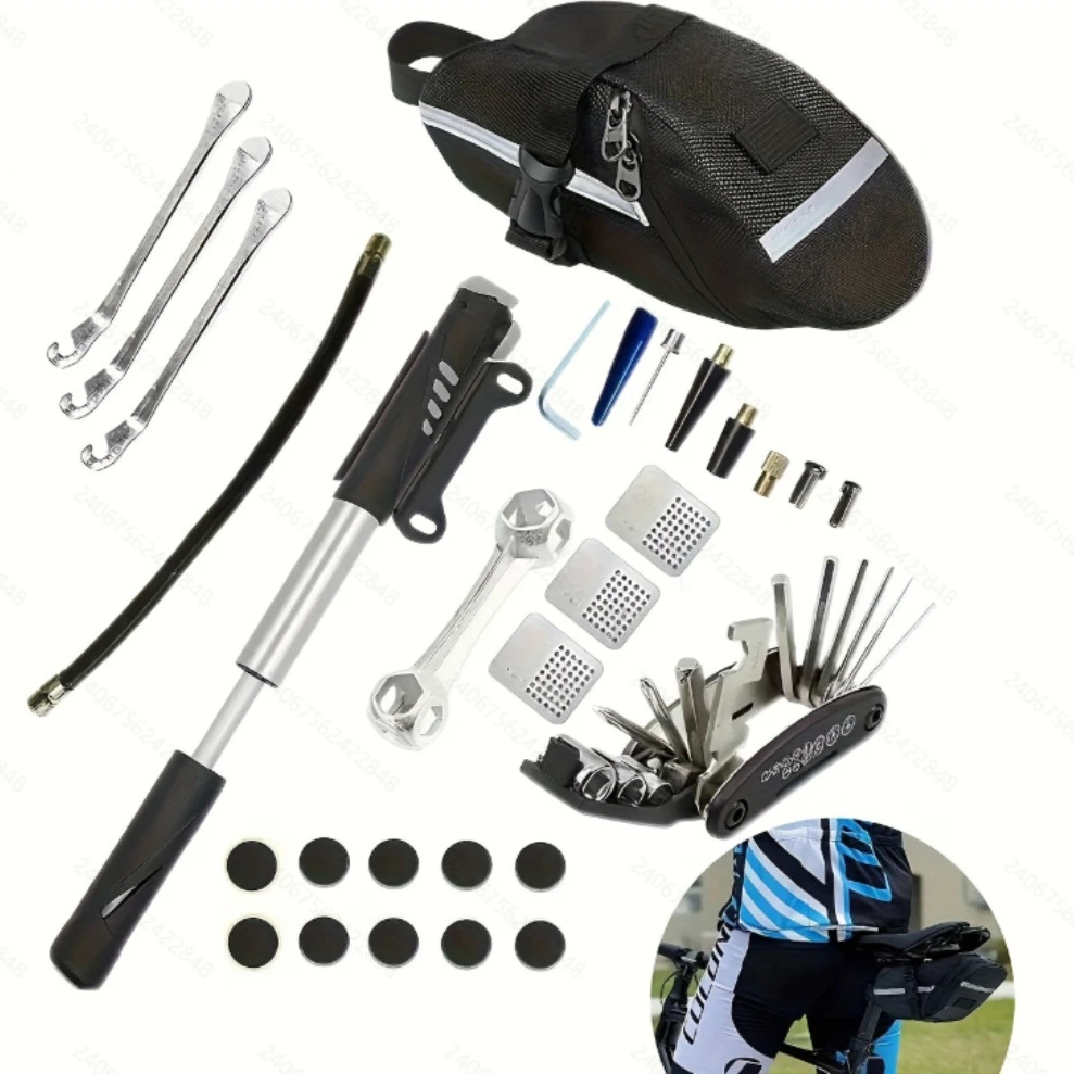 

Portable Glue-Free Tire Repair Kit - All-in-One Set with Air Pump, Tools & Wrenches for Motorcycles, Bicycles & Cars