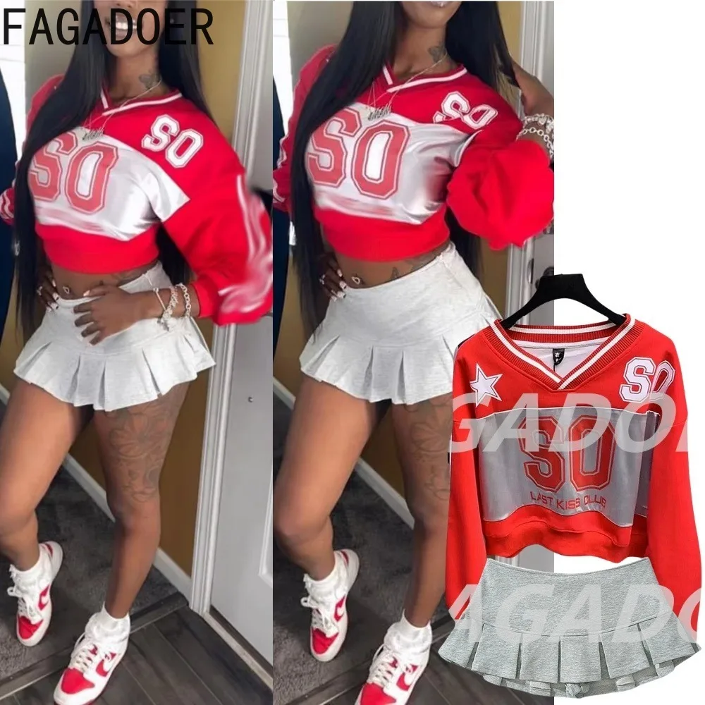 FAGADOER Y2K Streetwear Women 2 Piece Set Outfit Fashion V-neck Letter Print Sweatshirts + Mini Pleated Skirt Hot Girl Suits New