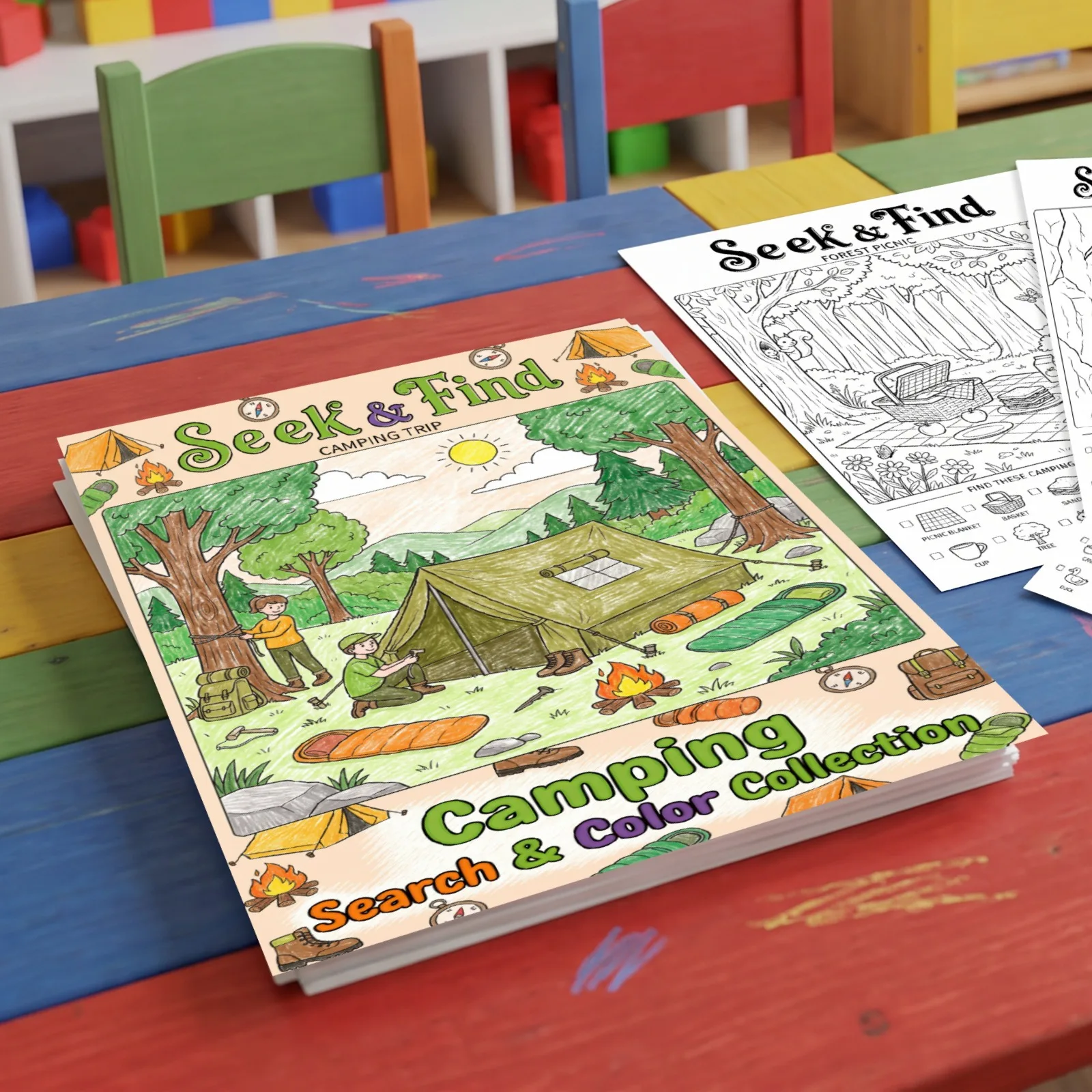 10pcs Per Pack Coloring Posters, Outdoor Camping‑Themed Search‑and‑Find Hand‑Drawn Graffiti Coloring Papers