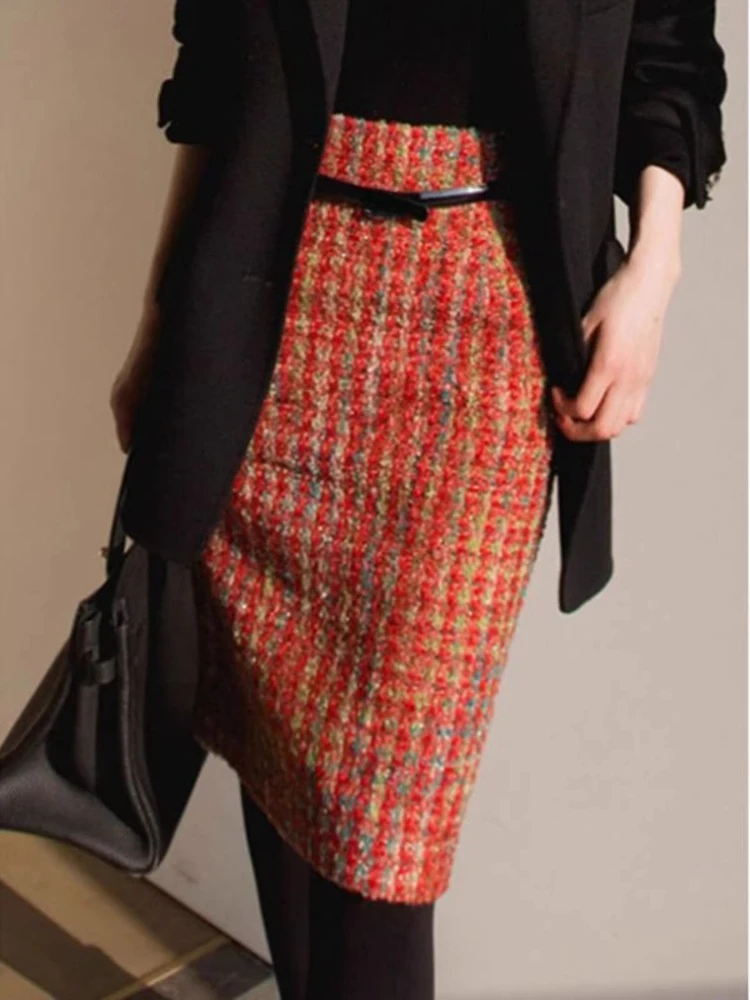 Women’s High Waisted Tweed Pencil Skirt Wool Blended Classic Vintage Midi Skirt for Work, Office Elegant Daily Wear