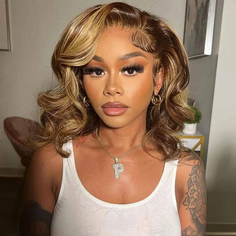

P4/27 Highlight Body Wave Bob Wig 13x4 Transparent Lace Frontal Wig 100% Brazilian Human Hair Wig 180 Density For Women