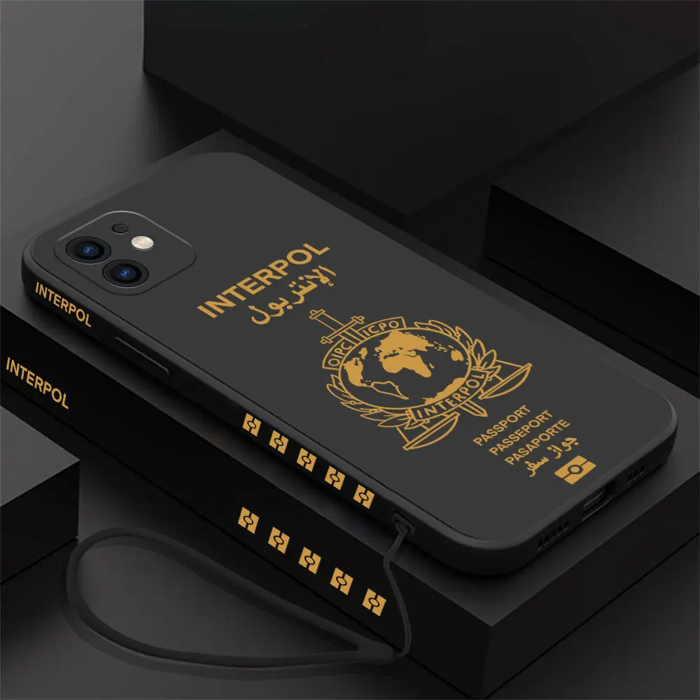 Interpol Logo Passport Phone Case For iPhone 15 14 13 12 11 Pro Max Mini X XR XS MAX 8 Plus Silicone with Hand Strap