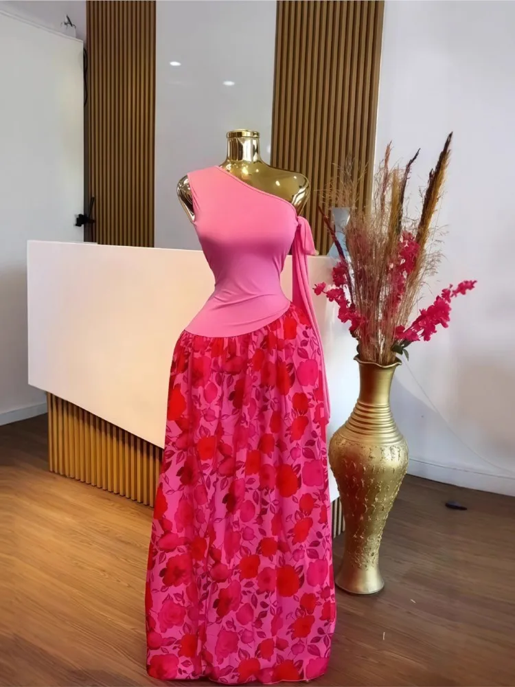 Summer Sexy Sloping Shoulder Long Dress Women Fashion Color Matching Printed High Waisted Big Hem Dresses Lady Elegant Vestidos