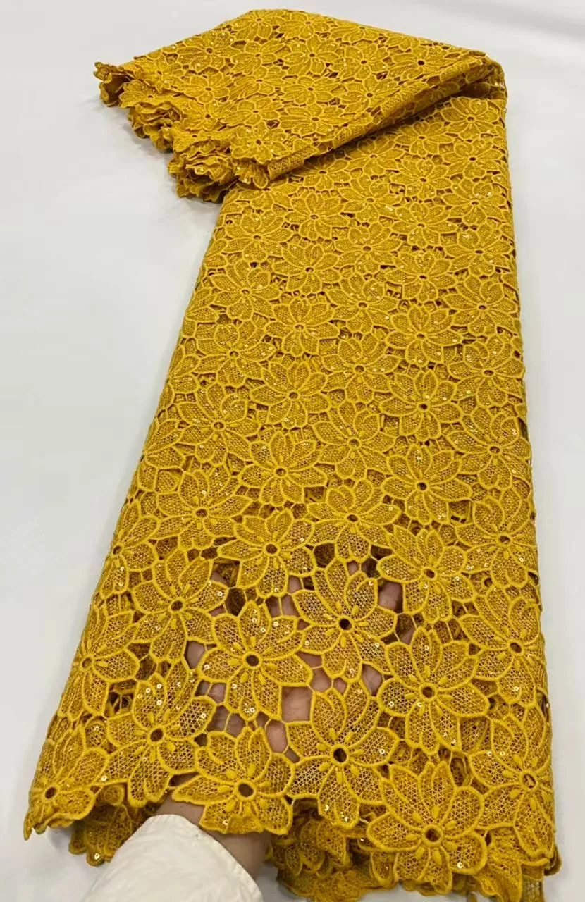 

African Nigerian High-Quality Cotton Wedding Tulle Lace Fabric Sequins Water Soluble 5 Yards for Party Dresses Sewing JL476