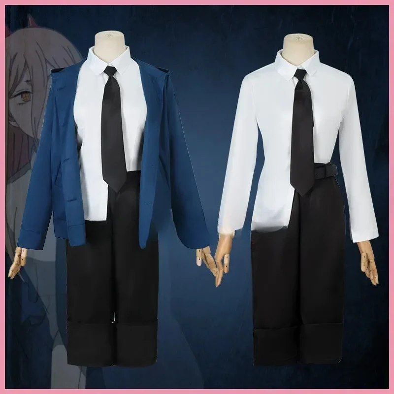 Power Cosplay Costume Chainsaw Man Outfits Blue Suit Shirt Tie Short Wig Neck Ring Women Anime Uniform Halloween