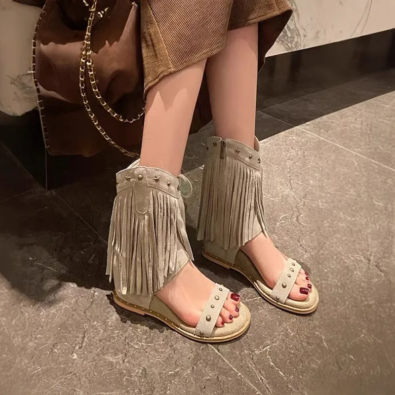 

2025 High Quality New Summer High-toe Sandals Cowhide Version Genuine Leather Riveted Perforated Cool Boots Women