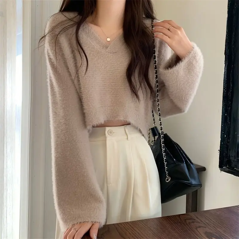 Faux Mink Velvet Pullovers Women Short V-neck Loose Basic Ins Autumn Winter Korean Solid Fluffy Gentle All-match Female Graceful