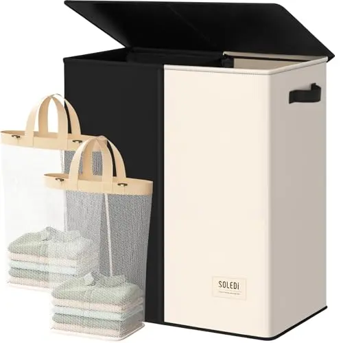 

Большая двойная корзина для белья SOLEDI с крышкой, складная корзина для одежды с 2 секциями и съемными мешками, компактная корзина для стирки.