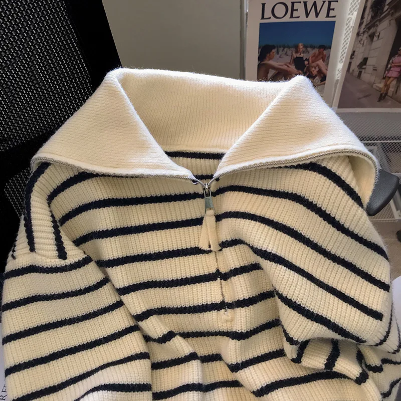 French Vintage Stripe Sweater Korean Sailor Collar Half  Zipper Knitted Coat Women's Spring Autumn New Loose Casual Pullover Top