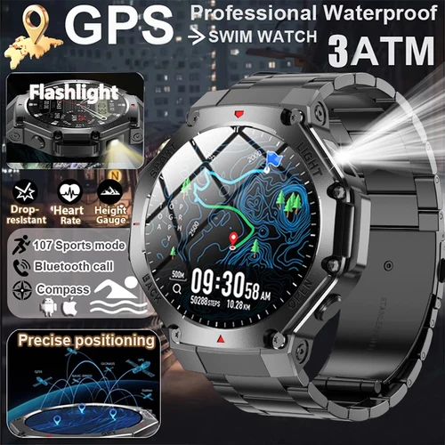 2025 nuevo reloj inteligente deportivo para hombres GPS AMOLED monitoreo del ritmo cardíaco linterna LED NFC Bluetooth llamada 3ATM relojes inteligentes impermeables